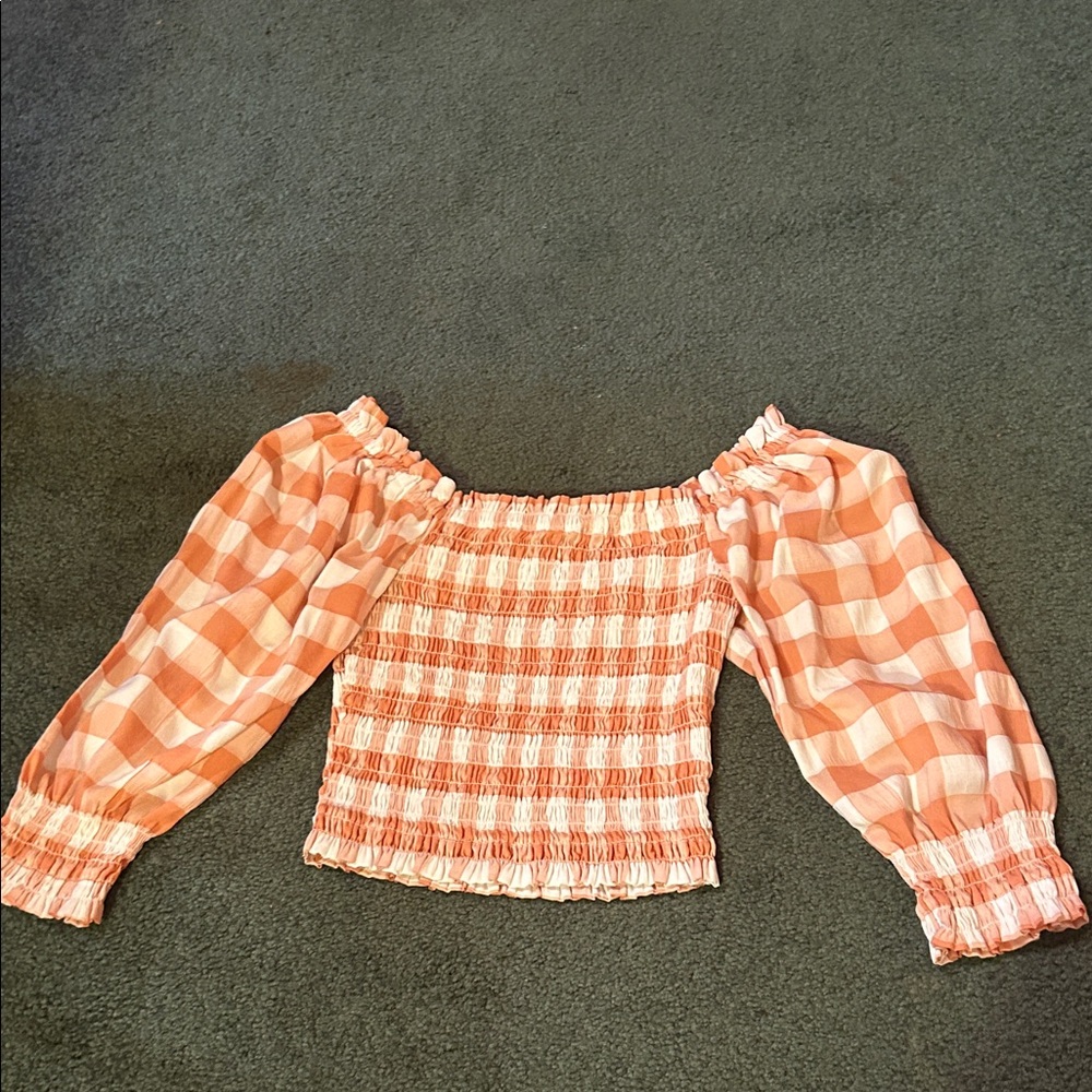 Peach Gingham Off-Shoulder Smocked Crop Top